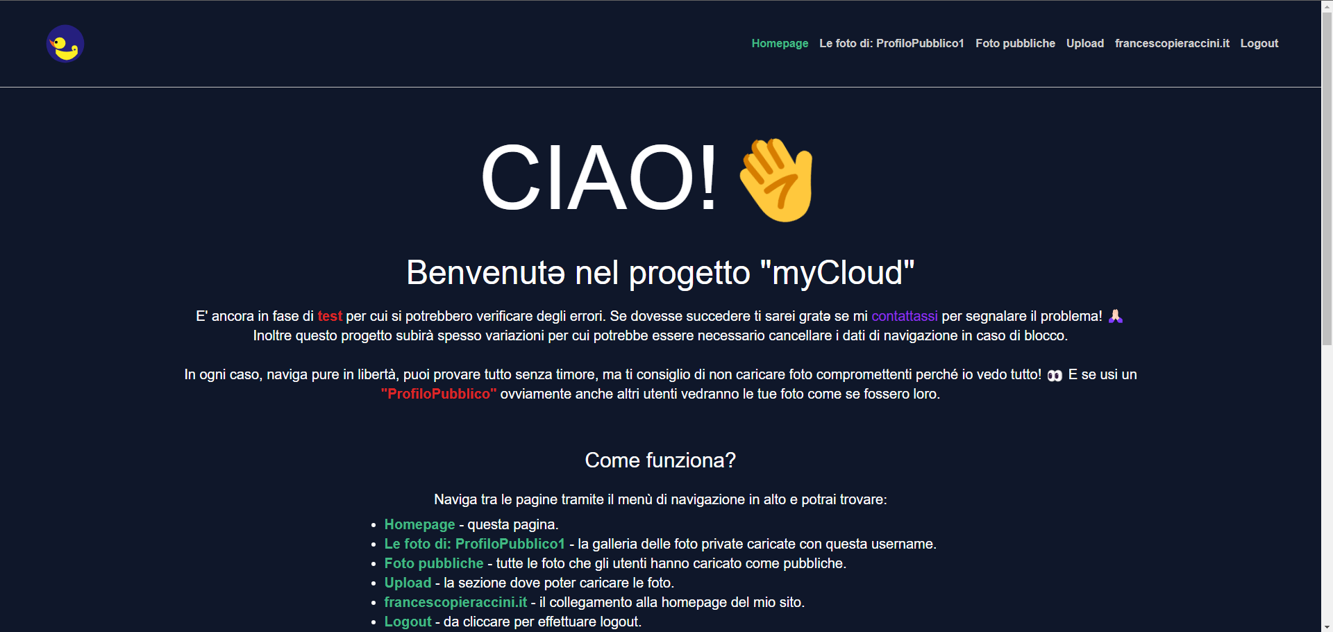 Screenshot del progetto myCloud